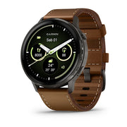 Garmin Venu® 4 - 45mm 010-03014-03 - cinturino pelle marrone - cassa acciaio nera - quadrante multifunzionale nero